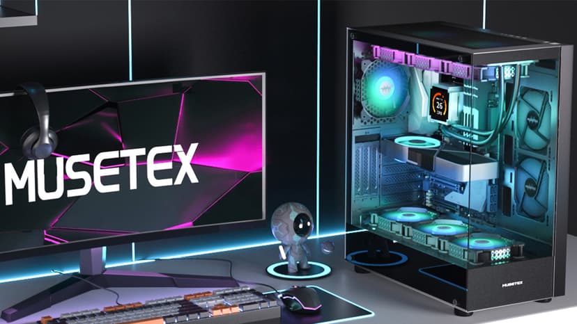 MUSETEX PC CASE ATX 6 PWM ARGB Fans Pre-Installed, Type-C Mid Tower Computer Case with Full-View Dual Tempered Glass, Gaming PC Case,Black(K2)