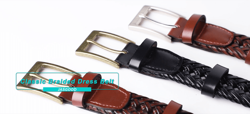 JASGOOD Men's Braided Leather Belt, Braided Woven Belt for Men Casual Jeans with Solid Strap Single Prong Buckle