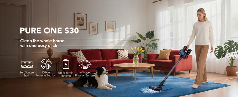 Tineco Pure ONE S30 Cordless Vacuum Cleaner, 150AW Powerful Suction, Zero Tangle Brush, Up to 65min Runtime, 6-Stage HEPA Filtration, PureCyclone Technology Stick Vacuum with Wall Mount Dock
