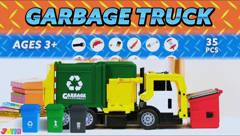 JOYIN Large Friction Powered Garbage Truck Toy Set, Includes 1 Dumpster, 3 Trash Bins, and 30 Learning Cards for Kids, Boy Toys Birthday Gift, Green B095XJDJ8V