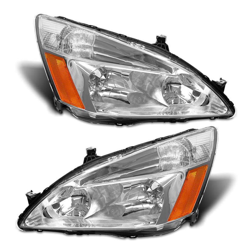 2003 2004 2005 2006 2007 Accord Headlight Assembly for 2003-2007 Honda Accord 2/4dr Clear Lens Chrome Housing with Amber Reflector Headlamp Replacement Left and Right Pair（W/O Bulbs）