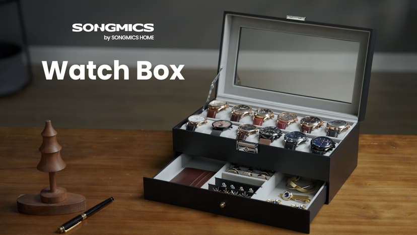 SONGMICS Watch Box, 12-Slot Watch Case Organizer with Large Glass Lid, 2 Layers, Removable Pillows, Metal Lock, Gift for Loved Ones, Black Synthetic Leather, Black Lining UJWB012B03
