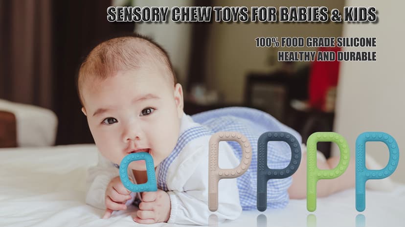 Sensory Toys for Kids Babies Toddlers 4 Pack, P Shape Baby Teething Toys for 3-6 6-12 Months Oral Motor Stimulation, Sensory Chew Toys for Autistic Children, Silicone Chewy Necklaces for Kids Adults