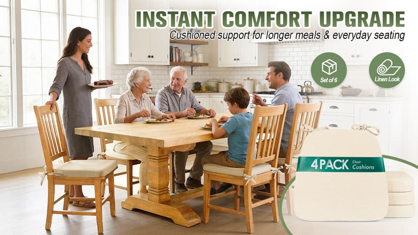 kingphenix Dining Chair Cushions Set of 4, 2.5 inch Thick Kitchen Chair Pads with Ties, Non Slip Bottom, Removable Washable Cover, 17” x 16”, Beige