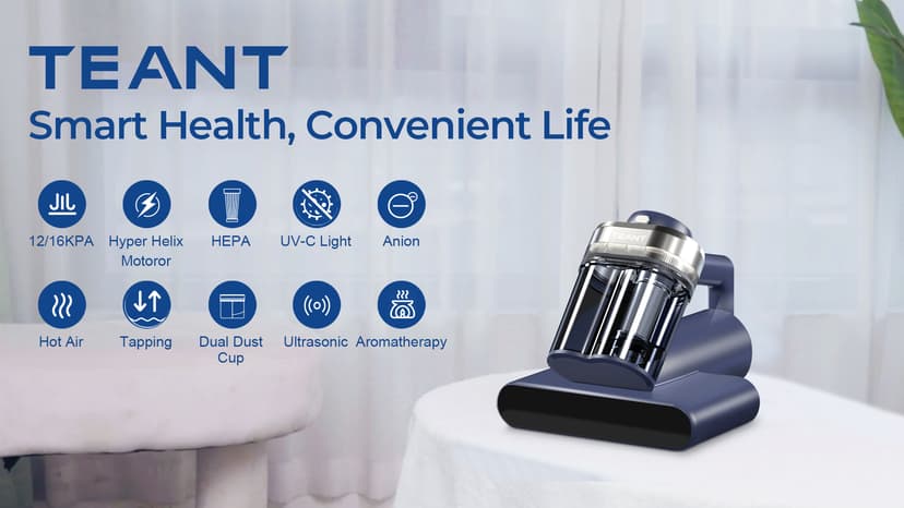 Mattress Vacuum Bed Vacuum Cleaner with 253.7nm UV-C Light, Hyper Helix Motor with 16kPa Strong Suction & 33000 RPM/Min Tapping, HEPA Filter, 149℉ Heat & Ultrasonic & Anion for Bed and Pet