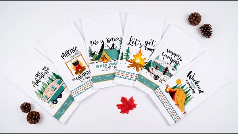 Bonfire Tent Car Tea Towels 24 x 16 Inches with Funny Sayings Novelty Gifts for Rv Campers Camping Accessories Boyiee Set of 6 Camping Kitchen Towels White Absorbent Dishcloth Gifts B0C49SFWRR