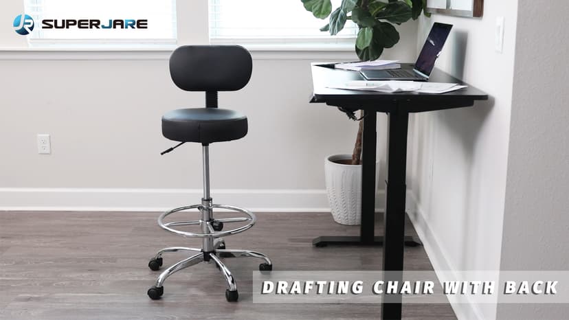 SUPERJARE Drafting Chair with Back, Adjustable Foot Rest Rolling Stool, Multi-Purpose Office Desk Chair, Thick Seat Cushion for Home Bar Kitchen Shop - Black