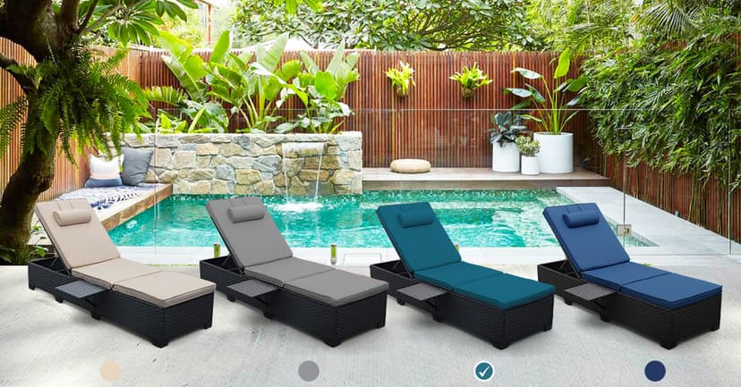 WAROOM Outdoor Chaise Lounge Chairs for Outside Patio Furniture Set of 2 Wicker Recliner Black Rattan Sunbathing Lounger Adjustable Backrest Pool Reclining Chair, Khaki Cushion