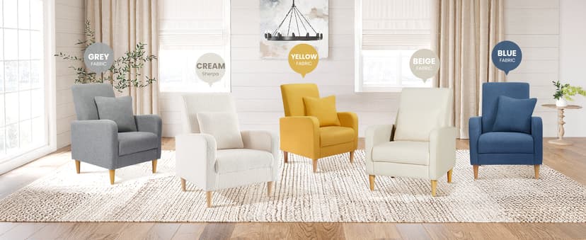 COLAMY Mid-Century Modern Upholstered Accent Chair with Back Pillow & Solid Wood Legs, Fabric Cozy Armchair for Living Room, Bedroom, Reading Nook, Apartment & Small Spaces, Beige