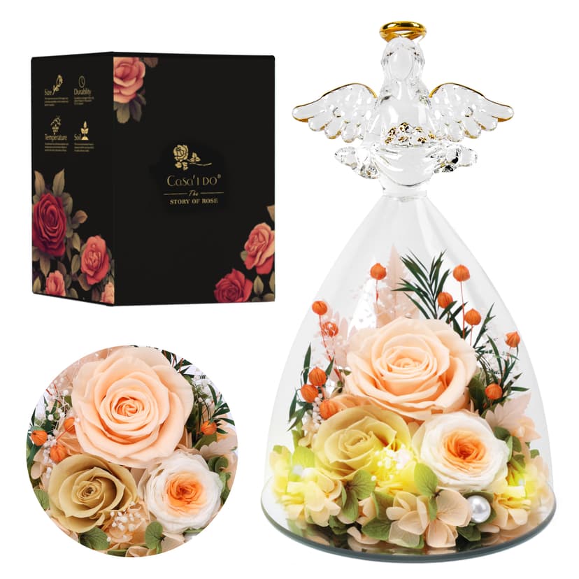 Casaido Mothers Day Rose Gifts for Women, 7" Champagne Preserved Roses Flowers in Glass Angel Figurine, Birthday Gift for Mom Wife Grandma, Eternal Rose for Valentines Christmas Anniversary B0FQJ5NLH8