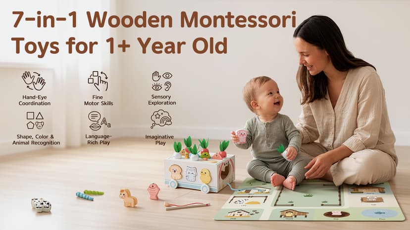 with Fishing Game, Pull-Along Storage Cart, Gears & Play Mat for Fine Motor Play First Birthday Gift for Boys & Girls Ages 1+ Fajiabao Wooden Montessori Toys for 1 Year Old, 7-in-1 Farm Activity Toy B0GL66PD6W