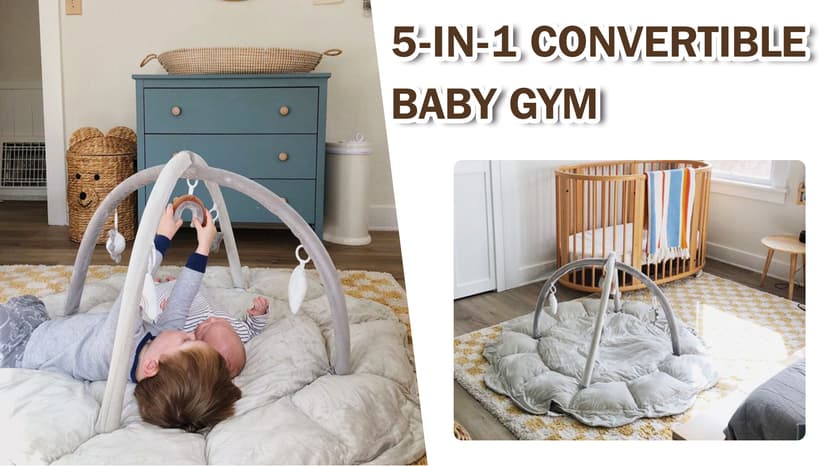 HAN-MM 5-in-1 Convertible Baby Play Gym with 6 Toys, Tummy Time Mat for Sensory Development, Baby Activity Center from Newborn to Toddler, Ball Pit, Soft Plush Pet Mat, Pink