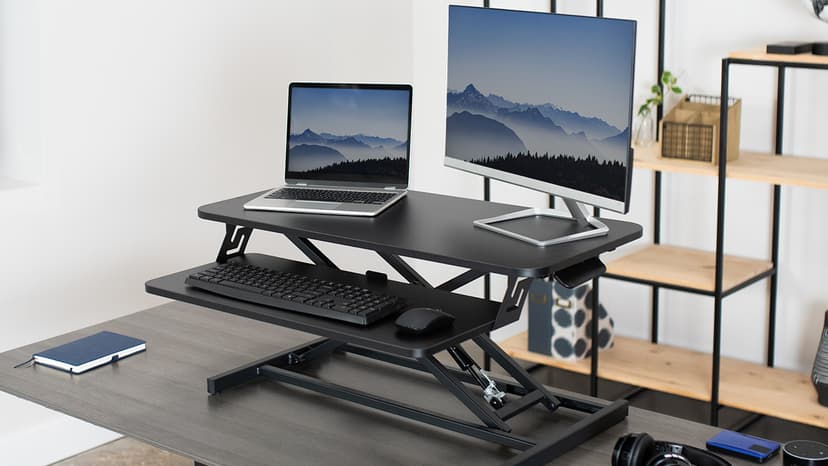VIVO Height Adjustable 32 inch Stand Up Desk Converter, Quick Sit to Stand Tabletop Dual Monitor Riser Workstation, Black, DESK-V000S