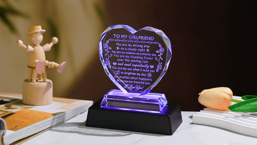 YWHL Romantic Girlfriend Gifts from Boyfriend, To My Girlfriend Crystal Heart Shaped Keepsake with Colorful Light Base, Girlfriend Birthday Gift, Gifts for Girlfriend on Anniversary Valentine