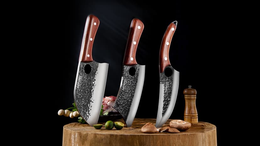 3PCS Butcher Knife Set, Hand Forged Serbian Chef Knives & Meat Cleaver & Viking Knives, Meat Cutting Kitchen Knife Set for Home, Outdoor Cooking, Camping BBQ Gift Idea Men