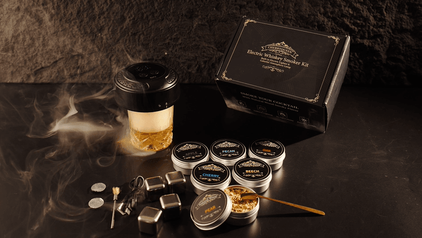 Electric Whiskey Smoker Kit, CHERRYQUEEN Old Fashioned Smoker Kit, Built-in Lighter & Ambient Light, 4 Reusable Ice Cubes 6 Wood Chips, Gifts for Men Dad Husband Whiskey Lovers (Birthday/Christmas)