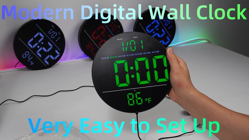 Digital Wall Clock with Large LED Display, Date, Temperature, Auto-Brightness | Small [PLUG-IN] Clock | Modern Electric Wall Clock for Bedroom, Classroom, Living Room, Home, Office, Farmhouse - Blue