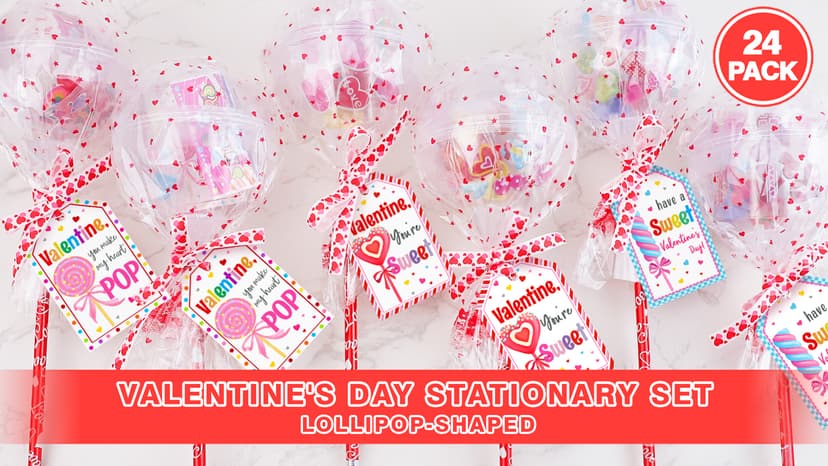 Valentines Day Gifts for Kids - 24 Pack Giant Lollipop-Shaped Stationery Set with Valentine's Cards Pencils Stickers Erasers Stampers Sharpener for Classroom Exchange School Boys Girls Party Favors