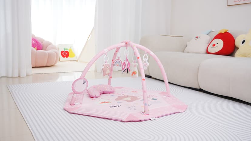 Baby Gym Play Mat, 8-in-1 Tummy Time Mat & Ball Pit with 6 Toys, Washable Baby Activity Mat for Visual, Hearing, Sensory, Motor Development, Babies Gift for Newborn Infant 0-3-6-9-12 Months (Pink)