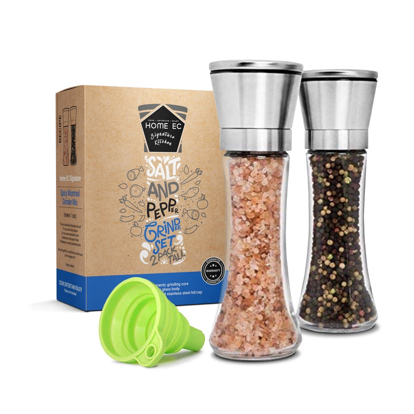HOME EC Original Stainless Steel Salt or Pepper Grinder 1pk - Adjustable Ceramic Sea Salt Grinder or Pepper Mill - Tall Glass Spice Shaker - Spice Mill w/EBook B082V134CK