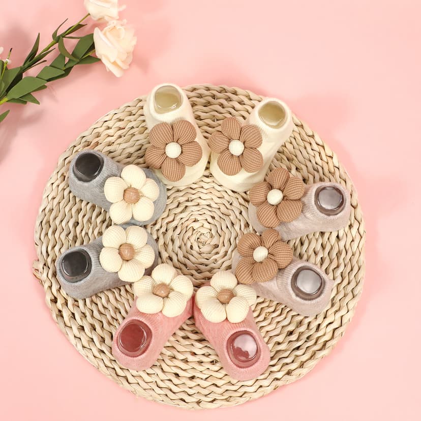 4Packs Baby Girls Socks,Flower Non-Slip Grips for Babies Toddler Princess Low Cut Ankle Socks for Girls