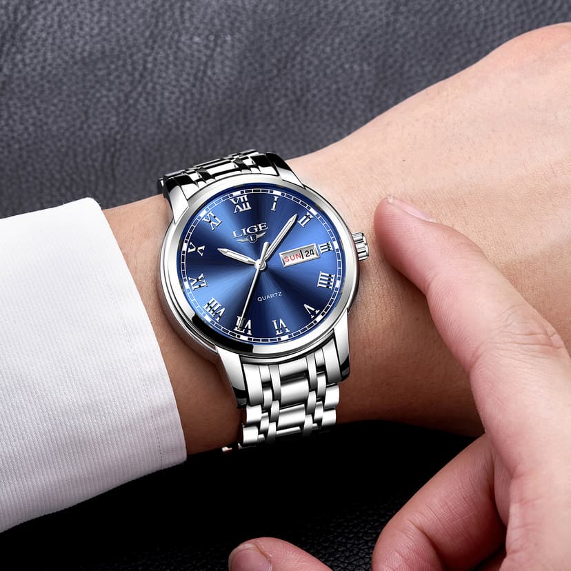 LIGE Mens Watch, Analog Men's Wrist Watches, Stainless Steel Style, Quartz Movement Calendar Function, 3ATM Waterproof, Clear Luminous Display, Business Social Matching