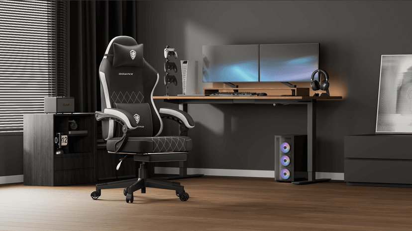 Dowinx Fabric Gaming Chair, Ergonomic Computer Chair with Footrest and Pocket Spring Cushion, Height Adjustable Video Gamer Chair with Lumbar Support for Adults, Black