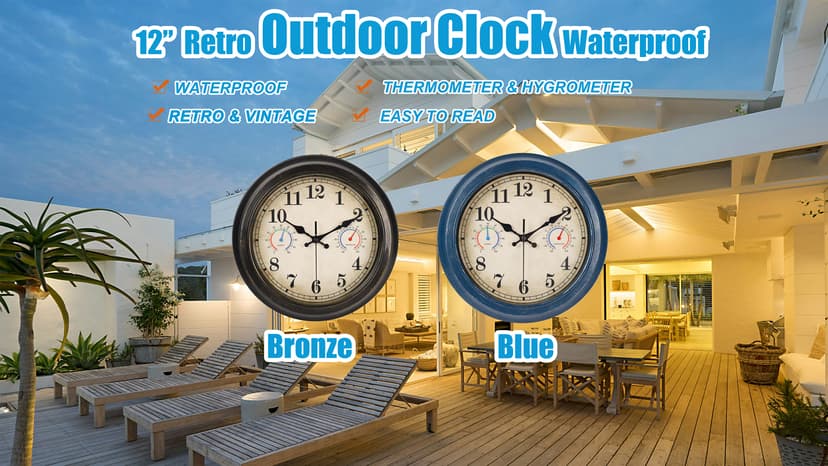 12 Inch Outdoor Clock with Thermometer and Hygrometer Combo, Waterproof Indoor Outdoor Wall Clocks for Patio, Pool, Garden, Bathroom Decor- Blue