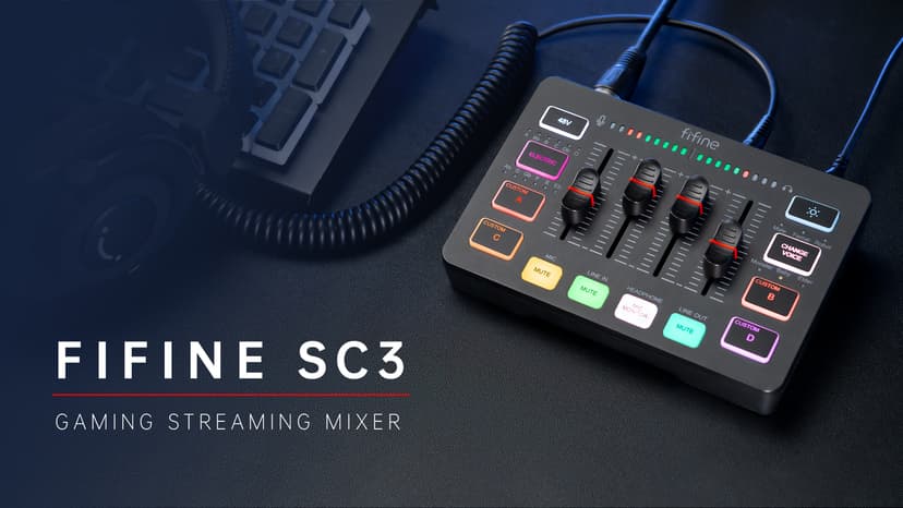 FIFINE Gaming Audio Mixer, Streaming RGB PC Mixer with XLR Microphone Interface, Individual Control, Volume Fader, Mute Button, 48V Phantom Power, for Podcast/Recording/Vocal/Game Voice-AmpliGame SC3