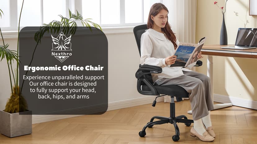 Ergonomic Office Chair, Desk Chair with Adjustable Lumbar Support, Breathable Mesh Comfy Computer Chairs with Flip-up Armrests Executive Task Chair for Adults Home Office(Black)