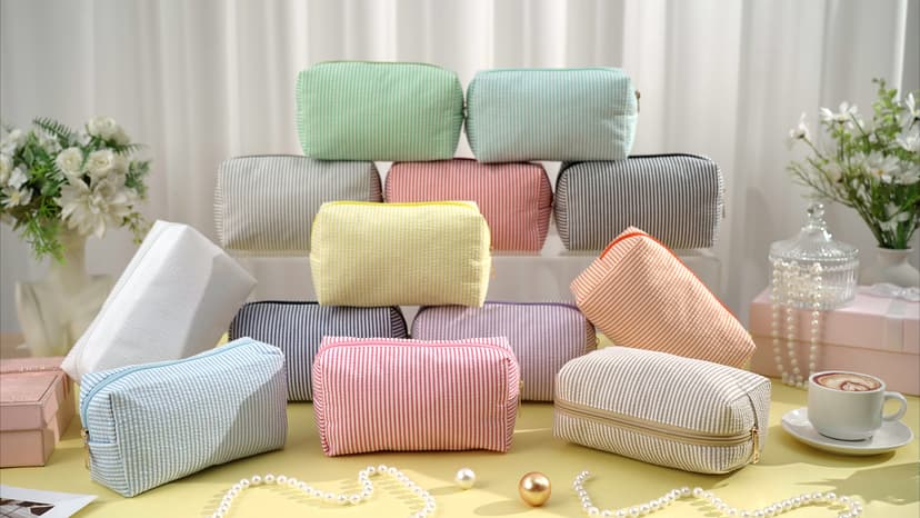 Makeup Bags Women Pouch, Large Preppy Storage Toiletry Travel Pouch for Wedding Bridesmaid Bride Favor Back to Teacher Gift Sanwuta 6 Pcs Seersucker Cosmetic Bags Bulk, Striped Zippered,Khaki B0FXMF4P4J
