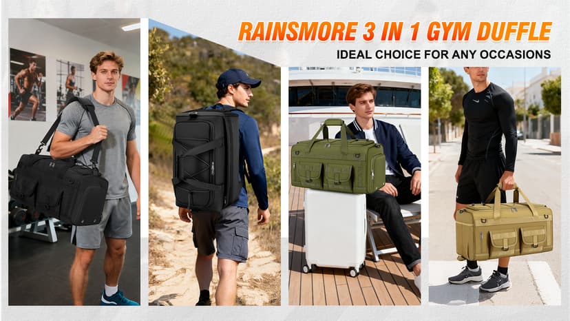 RAINSMORE Gym Bag for Men, 45L Large 3 in 1 Sports Duffle Bag with Shoes Compartment & Wet Pocket Water-Resistant Sports Travel Weekender Bag Multipurpose Carry On Overnight Tactical Backpack, Black