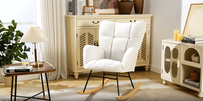 Nursery Rocking Chair, Teddy Upholstered Glider Chair with Thick Cushion, Tufted Gliding Rocker Chair with Wood Leg, Cozy Rocking Armchair, Accent Rocking Chair for Living Room (Ivory)