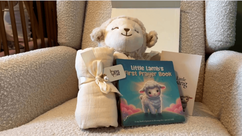 Ready-to-Gift Box: 10" Praying Lamb Plush with Pink Bow, Bamboo Muslin Blanket, First Prayer Book & Card. Baptism Gifts for Girl - Christening & Dedication 5-Piece Keepsake Set B0GHZRX7RP