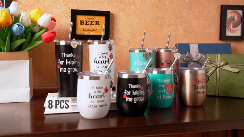 Yinder Valentines Gifts for Teachers Tumbler Set 4pcs Stainless Steel Tumblers with Keychains 12oz Insulated Mugs for Teachers Appreciation Presents Thank You Gifts Bulk Teacher Supplies(Apple)