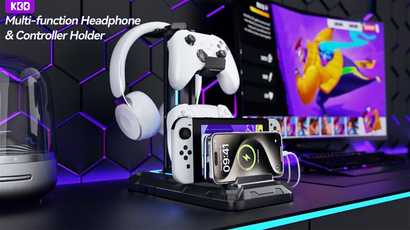 KDD Headset Stand with Charging Station - Detachable Controller Holder with 9 Light Modes - Rotatable Headphone Hanger with USB A&C Charger Ports - Earphone Hook for PC Gaming Accessories Storage B0DGGH8KN1