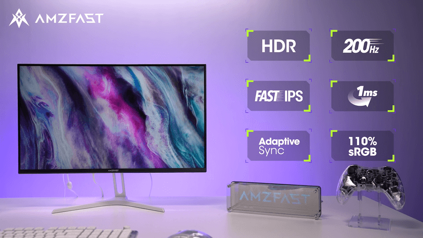Amzfast 24 Inch Gaming Monitor 200Hz FHD 1080p Fast IPS Computer Monitor, 110% sRGB 1ms HDR Support Adaptive Sync, Eye Care VESA Mount HDMI 2.0 | Display Port 1.4 White Monitor, AMZG24X1W