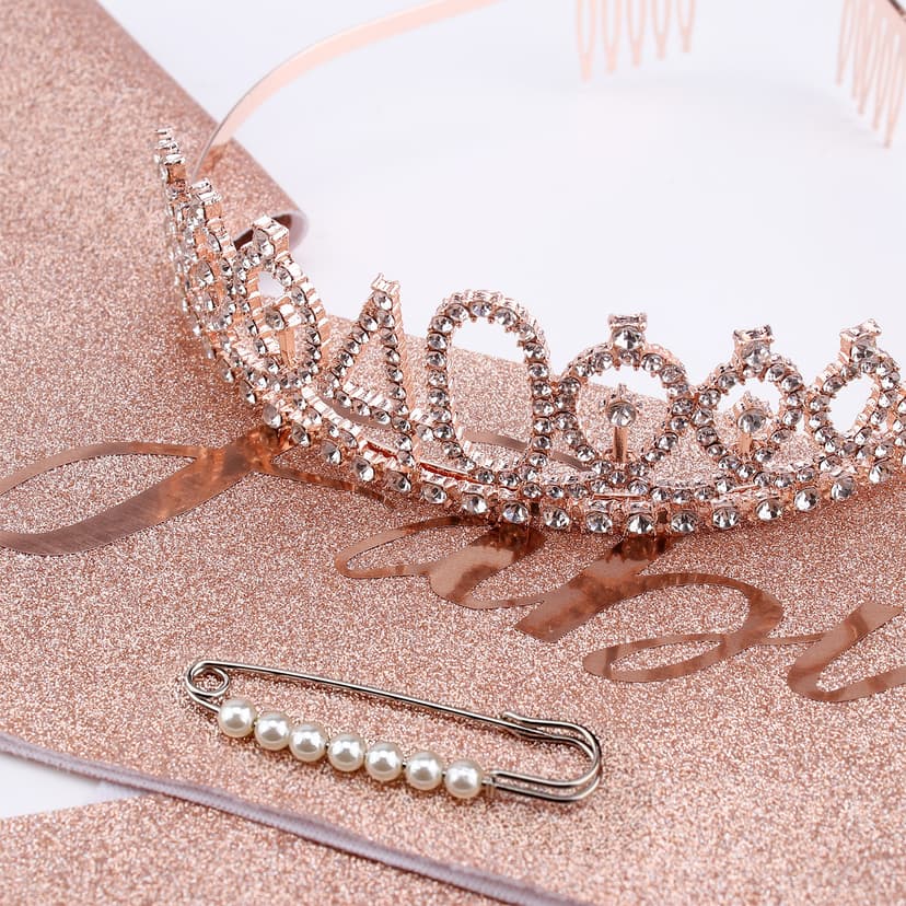 CIEHER 40th Birthday Crown + Sash + Pearl Pin Set for Women, Tiara, Gifts for Friends, Party Decorations & Favors B09F998WFG