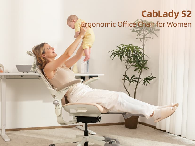 CabLady S2 Petite Office Chair for Women & Small Frames - 330lb Capacity, 4D Adjustable Lumbar/Headrest, Flip-Up Arms & Footrest, Ergonomic Desk Chair