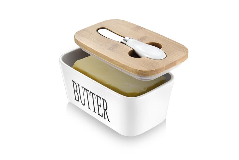 Butter Dish with Lid, Home Decor, Large Butter Dish for Countertop Ceramic Butter Keeper Container with Knife and High-Quality Silicone Sealing Butter Dish Good Kitchen Gift White