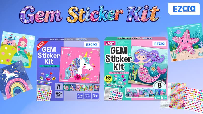 Mermaid crafts and gem art for kids ages 3-8; gem sticker kit with 8 ocean projects; no glue, screen-free birthday gift EZCRA Mermaid Gem Sticker Kit for Kids - 800 Stickers, 8 Underwater Themes B0GFMN37ZV