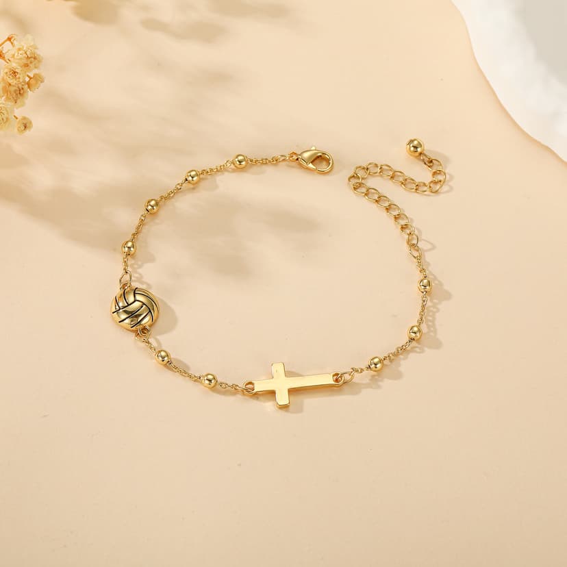 Softball/Volleyball/Soccer/Basketball Football Bracelet for Girls Women, 14K Gold Plated Cross Link Chain Sport Accessories Christian Jewelry Gifts for Teens Team Coach Players B0FSKVMR16