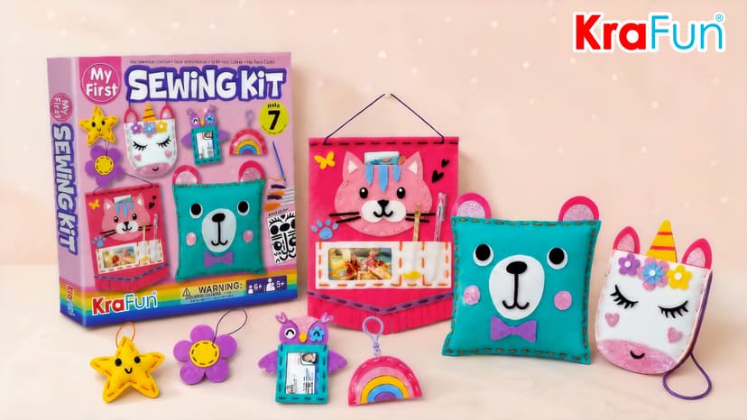 7 stuffed animal & plush pillow projects. Pre-punched felt & instructions included. Gift for girls & boys KRAFUN My First Sewing Kit for Kids Ages 6-12 | 7 Animal Dolls B091GXM2Y6