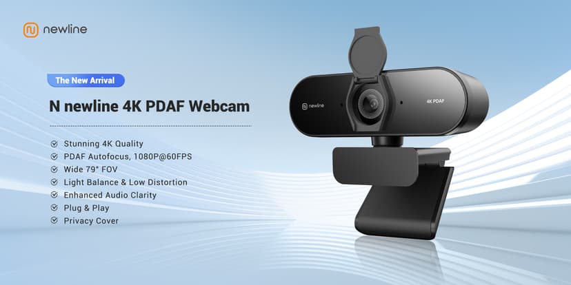 N newline 4K Webcam for PC, PDAF/CDAF Autofocus, 1080P@60FPS, 79° FOV, Auto Light Correction, 2 Noise Reduction Mics, Privacy Cover, USB-A, Streaming Camera for Skype, Teams, Online Meeting, NewEye 62