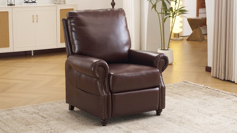 Pushback Recliner Chair with Massage and Heat, Breathable Leather Recliner Chair with Overstuffed Backrest, Recliner with Rivet Decoration, Single Sofa Accent Chair for Living Room, Brown
