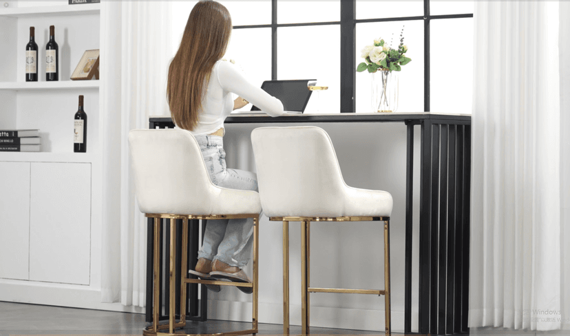 CIMOTA Counter Height Bar Stools Set of 2 with Back Modern Kitchen Counter Stools with Gold Legs Leather Island Chairs Comfy Stripe Barstools for Breakfast Bar, 26 Inch/PU Beige