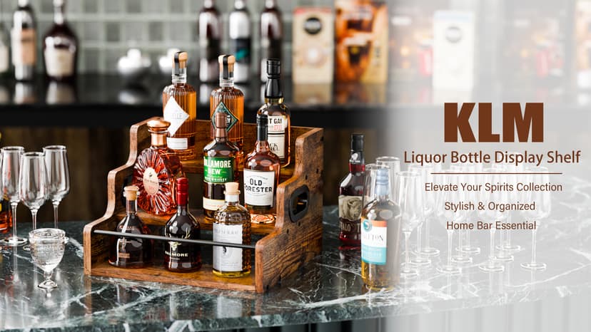 KLM Liquor Bottle Display Shelf, Coffee Syrup Rack Organizer, 3 Step Countertop Liquor Wine Rack, mini bar,liquor cabinet, Home Retro Bar Shelf Stand for Liquor Whiskey, Spirits B0D8TFHH3F