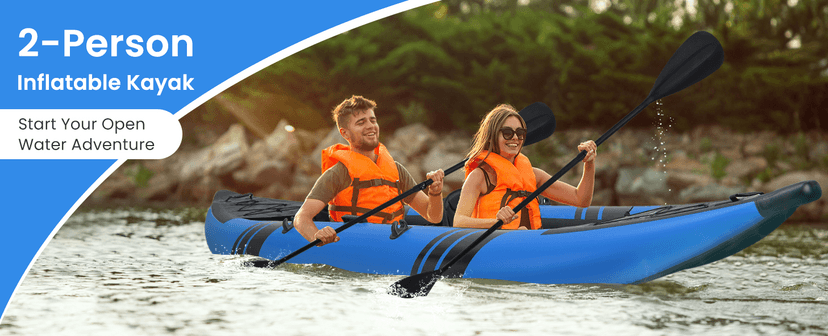 GYMAX Inflatable Kayak, 12.5Ft 507lbs Tandem Kayak with 2 Aluminum Paddles, 2 Padded Seats, Footrests, 2 Fins, Hand Pump, Carry Bag & Repair Kit, 2 Person Fishing Touring Kayak for Adults