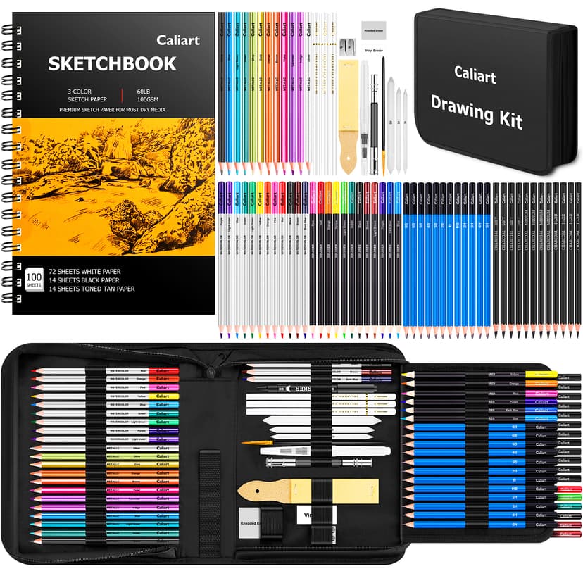 Caliart 176PCS Art Supplies Sketching Kit with 100 Sheets 3-Color Sketch Book, Graphite Colored Charcoal Watercolor & Metallic Pencils, School Supplies Gifts for Artists Adults Teens Girls Boys Kids
