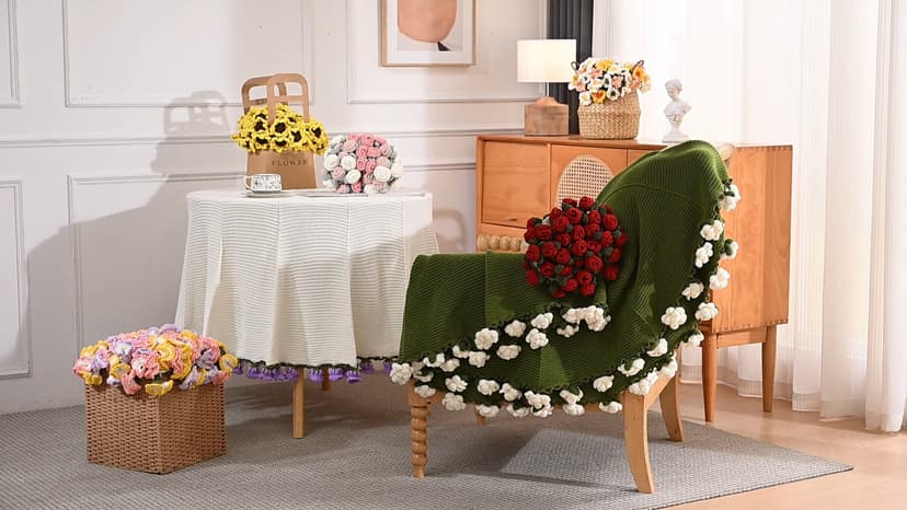 Crochet Flower Bouquet Throw Blanket, Handmade Knitted Blanket with Rose Flowers, Cute Romantic Gift for Her Girlfriend Mom Mother’s Day Valentine Wedding Anniversary Birthday, Pink and White B0FDK649NZ